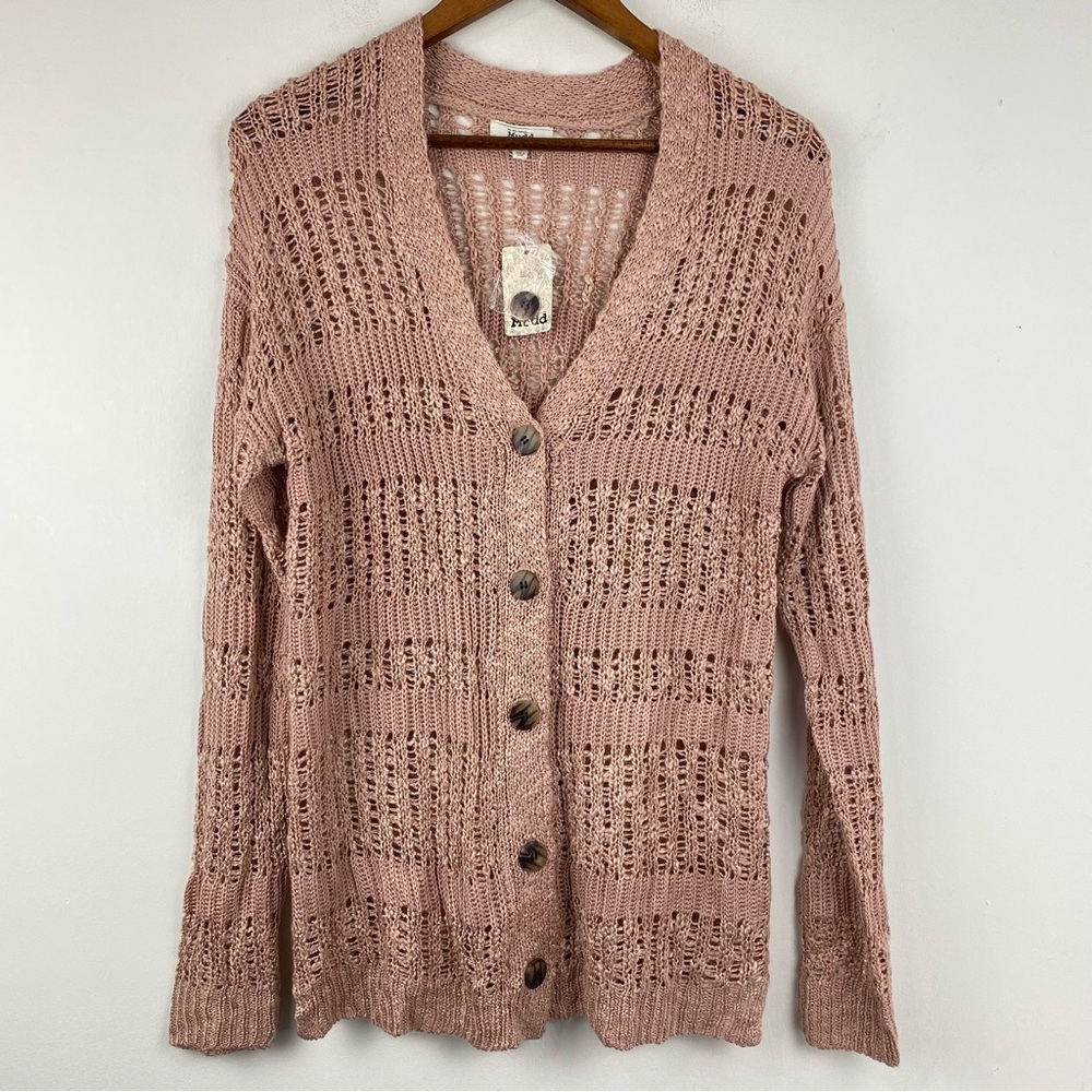 Mudd size Medium Women’s/Juniors Pink Button Up Open Knit Sweater Cardigan